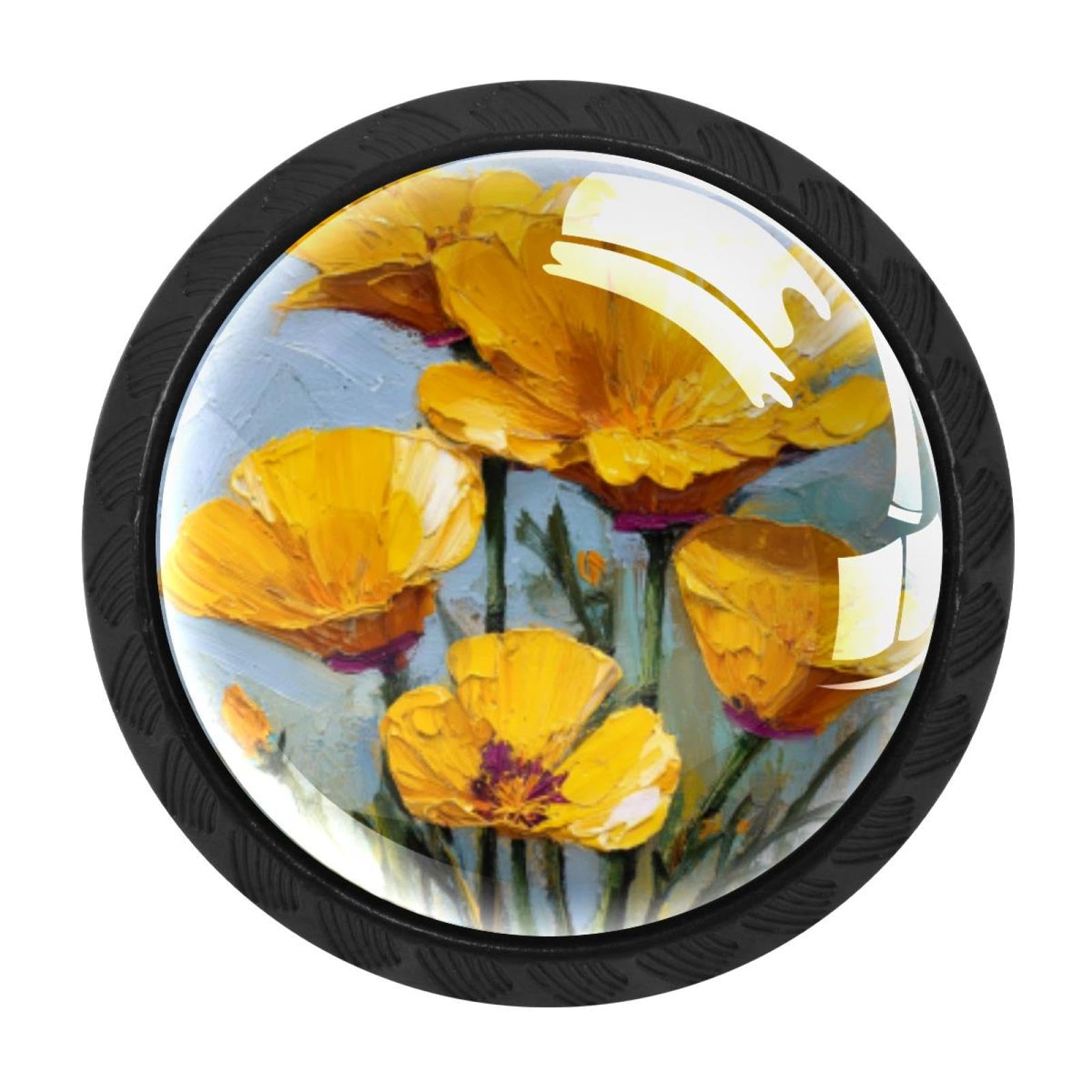 CHENZZZZ 4 Pieces Kitchen Cabinet Knobs Yellow California Poppy Painting (2) Drawer Knobs Dresser Knobs Drawer Pulls Door Knobs Dresser Drawer Handles Knobs for Dresser Drawers