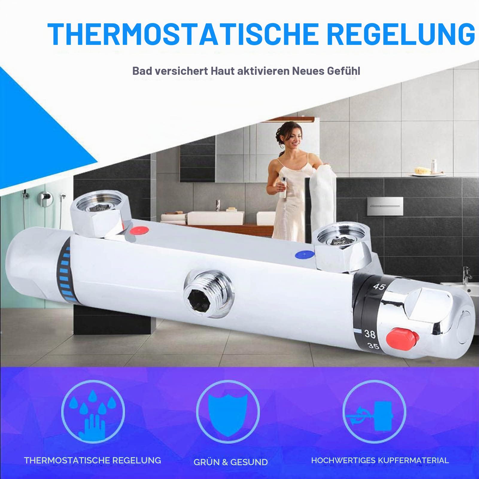 Duscharmatur mit Thermostat, Chrom Mischbatterie Dusche mit 38°C Sicherheitstaste, Duschthermostat Aufputz, aus Messing Chrom, für Home Badezimmerzubehör