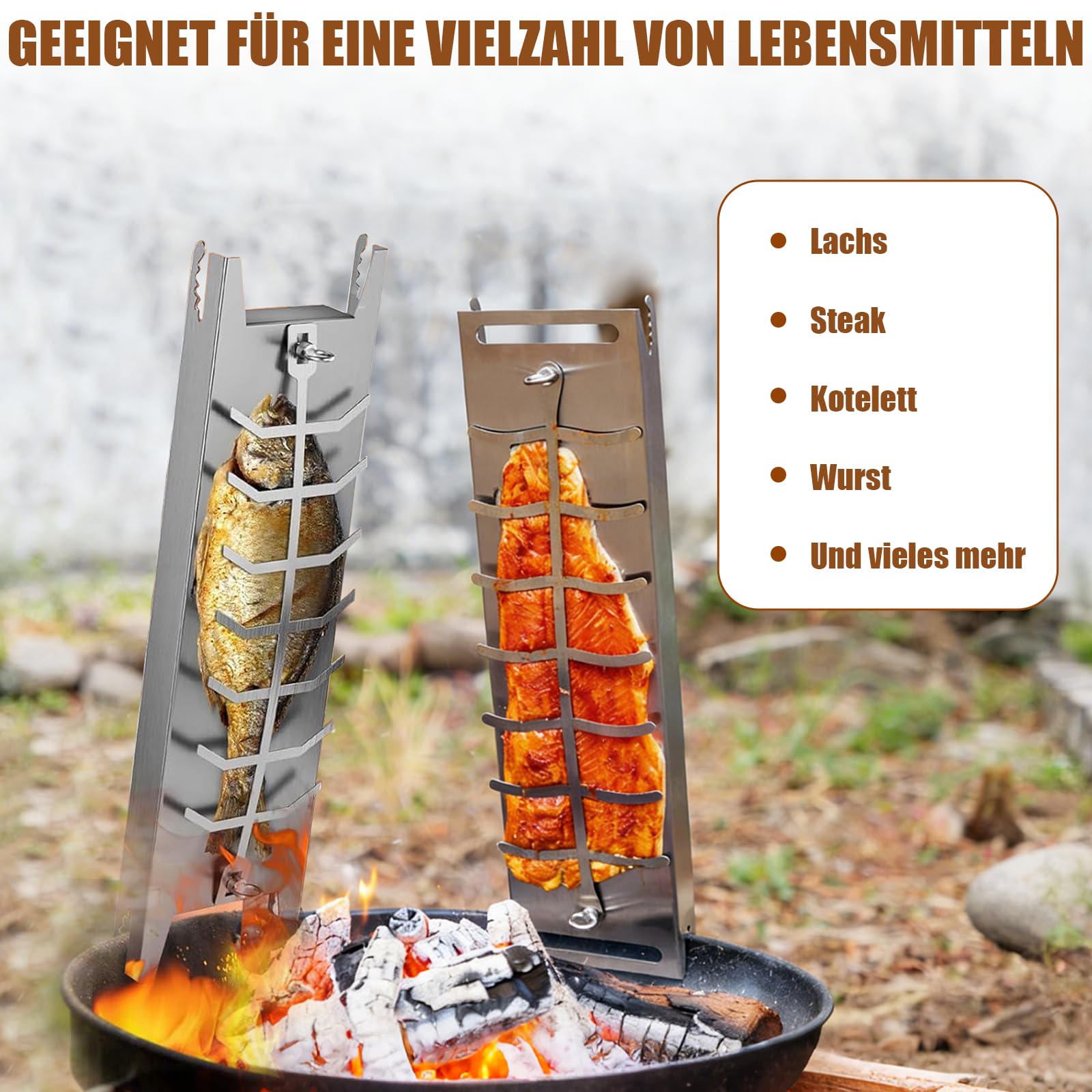 Flammlachsbrett Edelstahl, Flammlachsbrett für Feuerschale, mit Fünf Verstellwinkel für die Neigung & 180° Drehbar, Lachsbretter zum Grillen Feuerschale, Geeignet für Feuerschalen und Kugelgrills