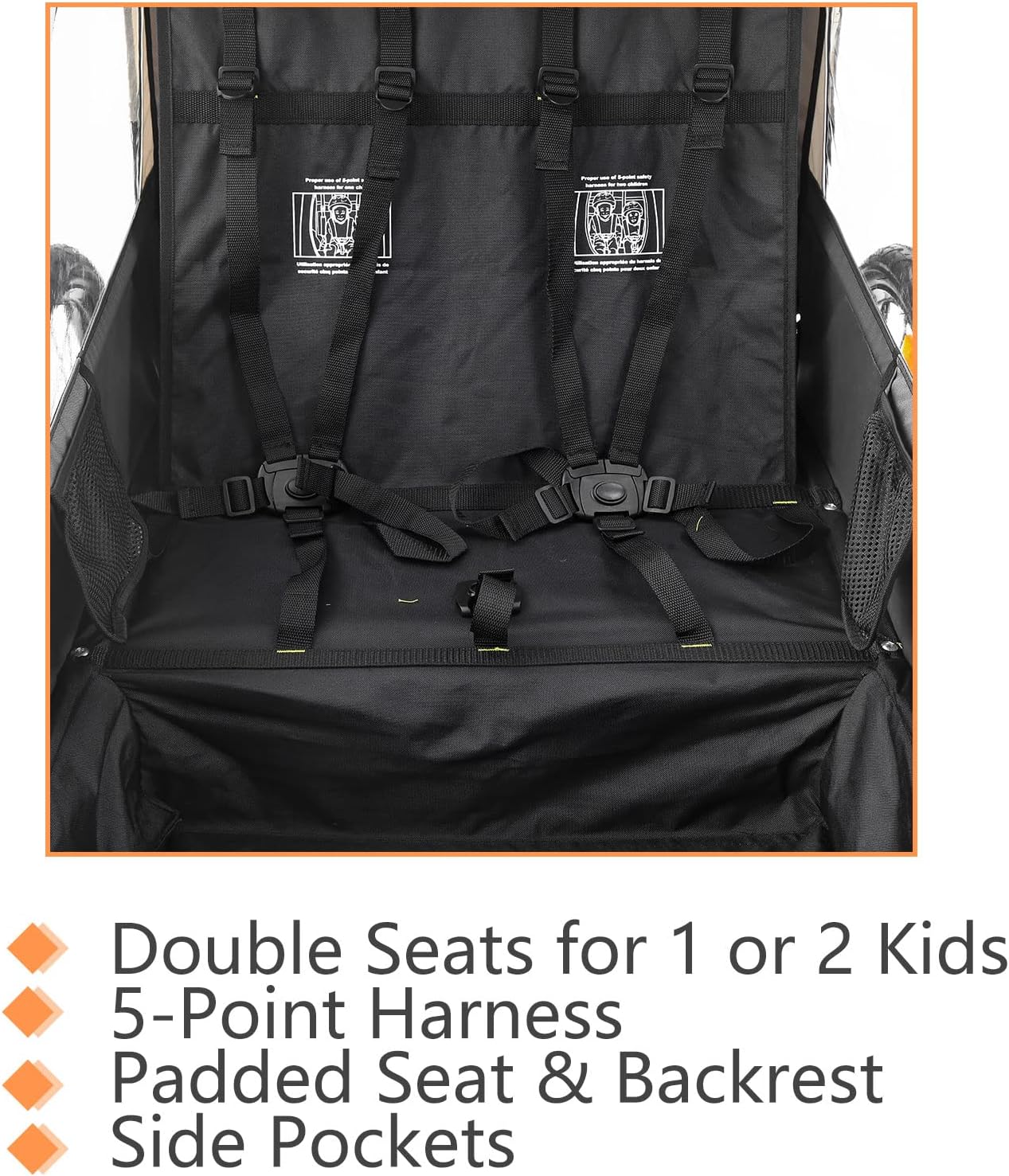 Kids Bike Trailer, Suitable for 1 to 2 Kids, 12+ Months, Quick Attach to Bike, Foldable, with 5-Point Harness and Storage Bags : Sports & Outdoors