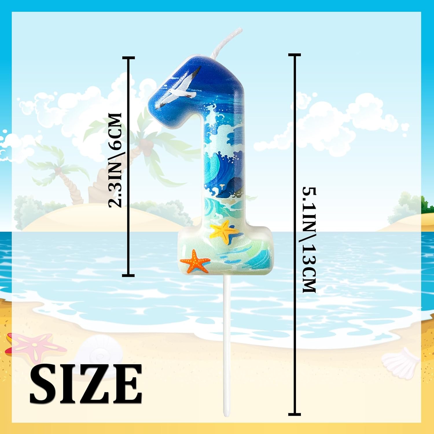 Blue Ocean Number 1 Birthday Candles - Surfing Themed Cake Topper for Birthday Decorations Supplies, 1 Candle Party Favors (Number 1) - Image 2