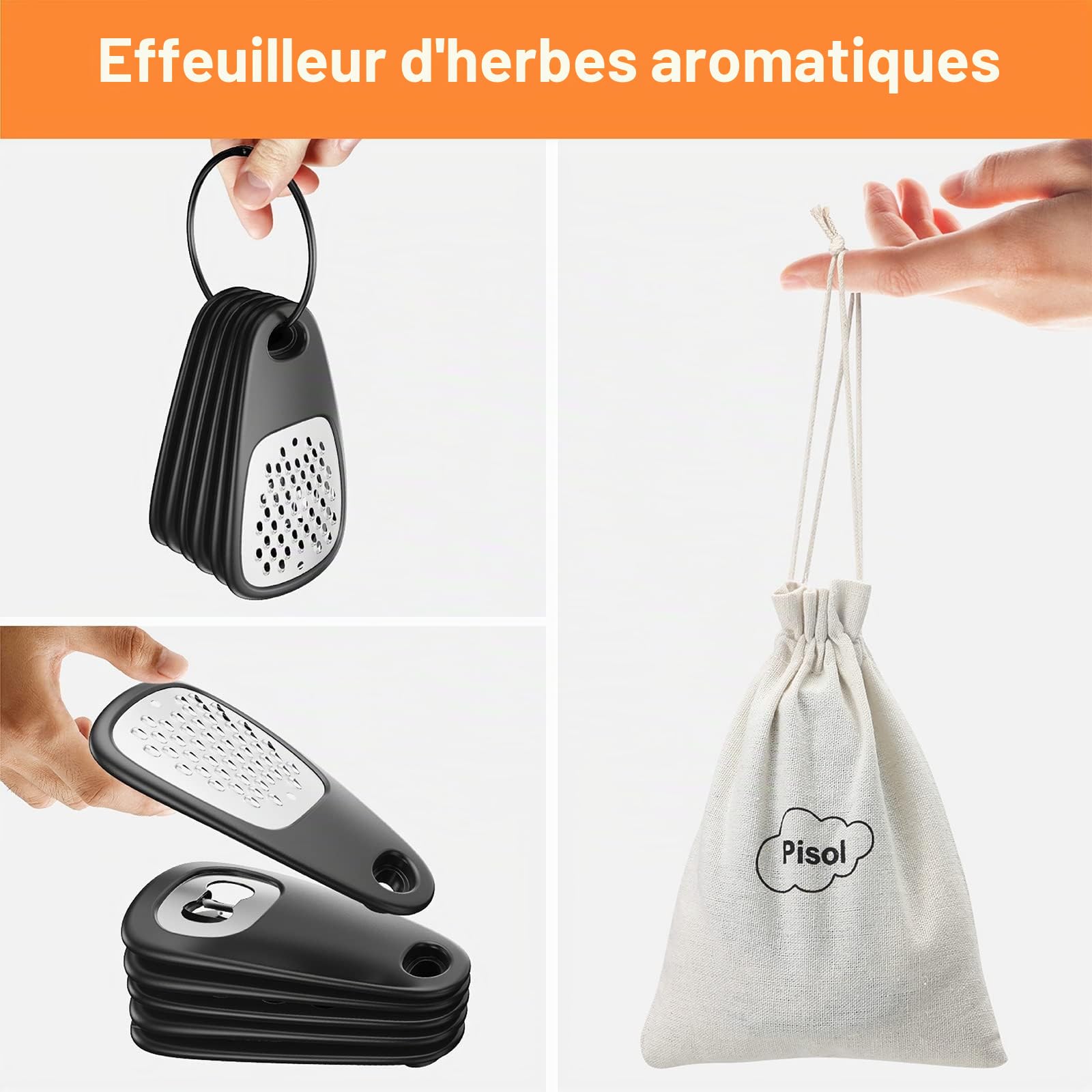 Pisol Kitchen Ensemble de gadgets uniques 6 pièces, gain de place, râpe à fromage, ouvre-bouteille, éplucheur de fruits et légumes, coupe-pizza, broyeur d'ail et de gingembre, décapant d'herbes