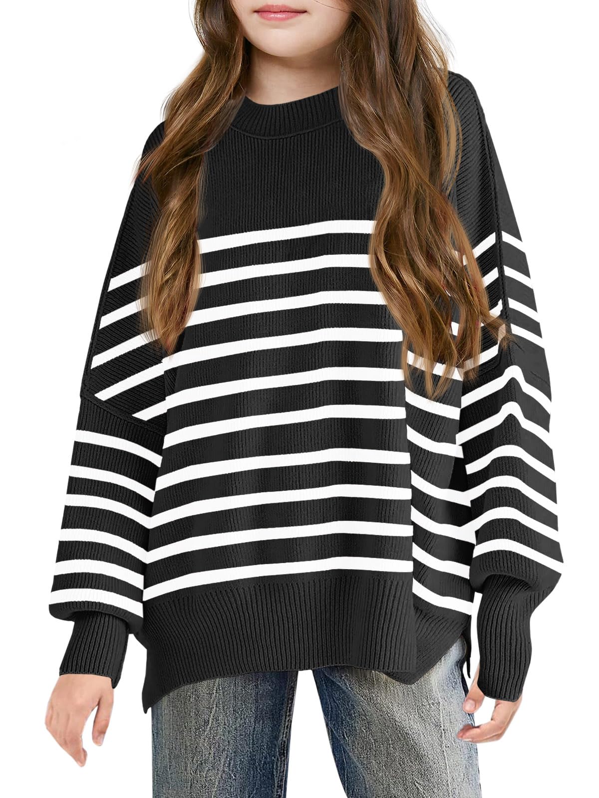 Haloumoning Suéter de gran tamaño a rayas para niñas otoño invierno moda manga murciélago cuello redondo acanalado ranura lateral suéter de punto