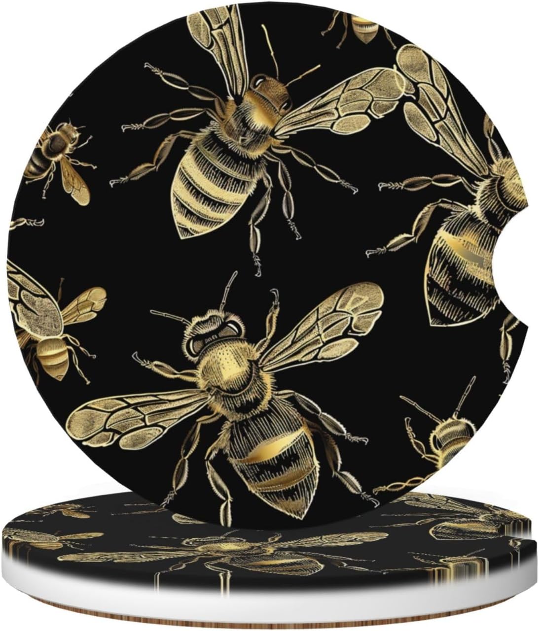 Famame 2 Pcs Gold Bee Seamless Ceramic Car Coasters Anti-Slip Absorbent Coaster Sets for Drinks Car Decor Auto Accessories