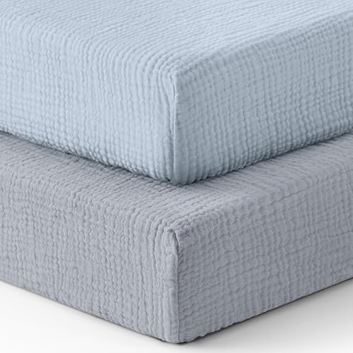 Blissful Diary Muslin Crib Sheets for Girl Boy, Boho Neutral Soft Cotton Baby Sheet for 52''x28'' Standard Crib Mattress, 2 Pack(Light Blue&Grey)