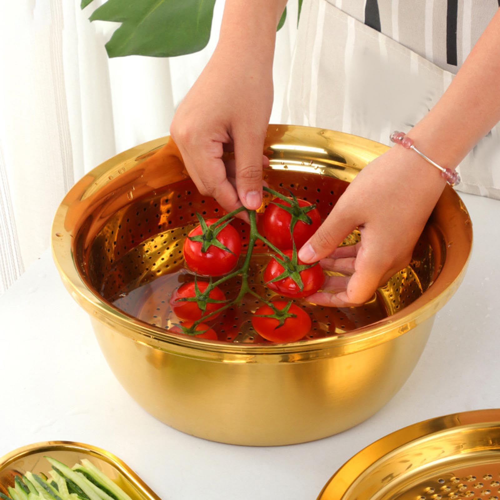 Cesta Escurridor Rallador Vegetal Acero Inoxidable Multifunción para Preparar Ensaladas Lavar Alimentos Apto Cocina Familiar Uso Diario, Oro, Individual