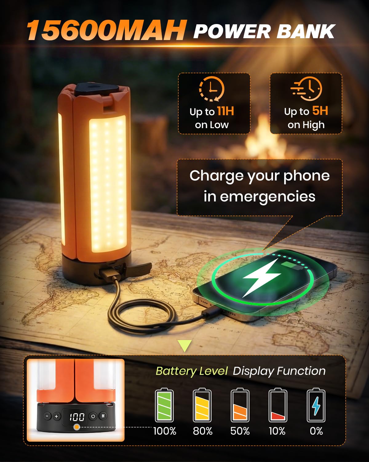 SakerNeo Wiederaufladbare Campingleuchte mit Ständer, 2000 Lumen, tragbare Campinglaterne, 3-blättrige verstellbare Köpfe, 180°/270°, 10400mAh Akku, 5 Helligkeitsstufen, Magnetfuß & Haken zum