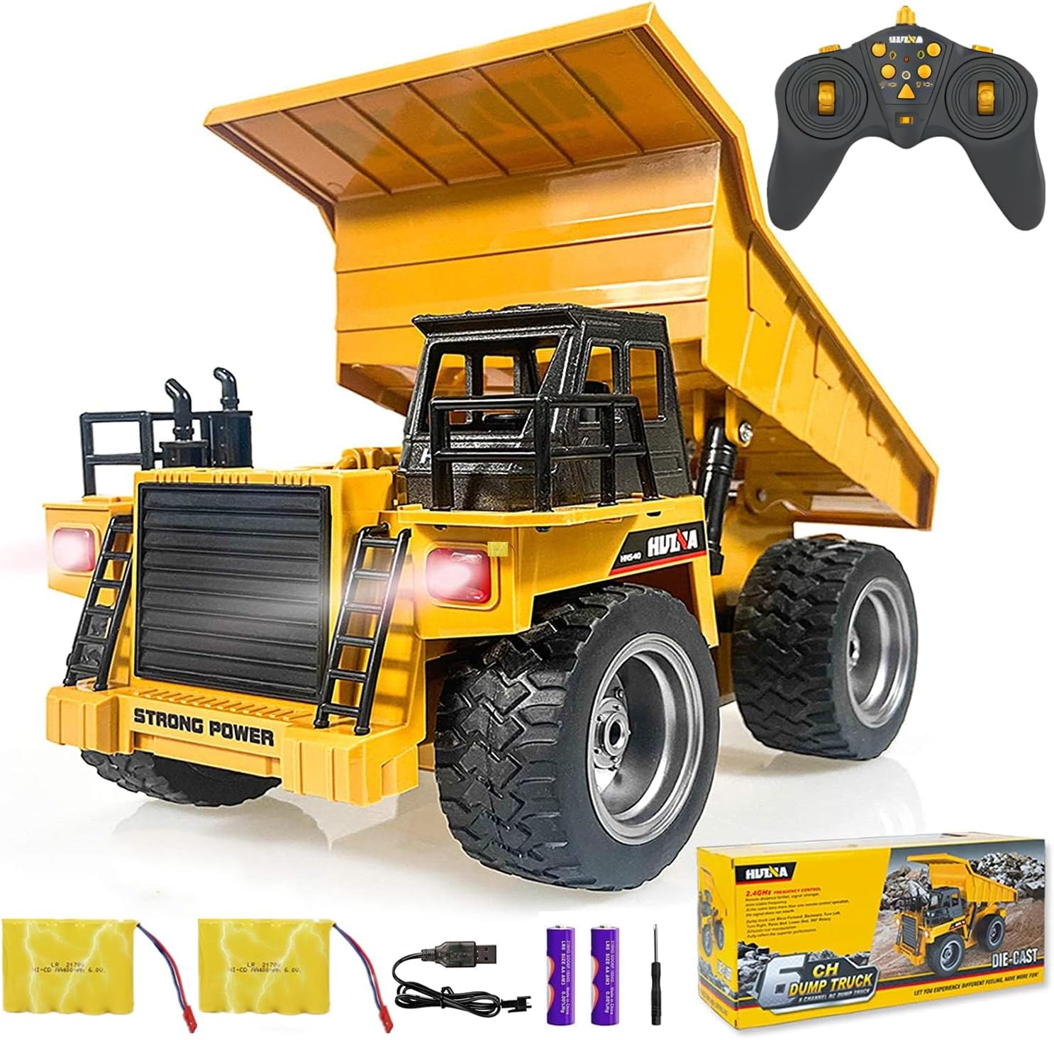 Remote Control Construction Dump Truck Toy 2.4G RC 6 Channel Bulldozer 4 Wheel Driver Mine Construction Alloy Metal Vehicle Truck 1:18 with 2 Rechargeable Batteries for Boys Birthday Gift Age 6+
