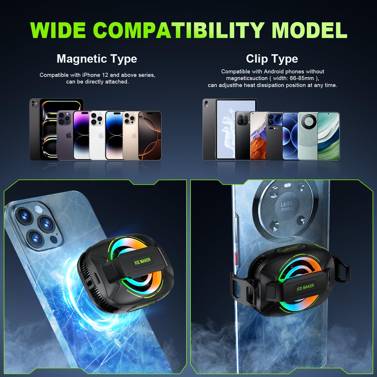 Basics Refroidisseur magnétique pour téléphone, Ventilateur de Refroidissement USB à Faible Bruit avec contrôle Intelligent de la température, lumière RVB, Anneau magnétique et Clip (Green)