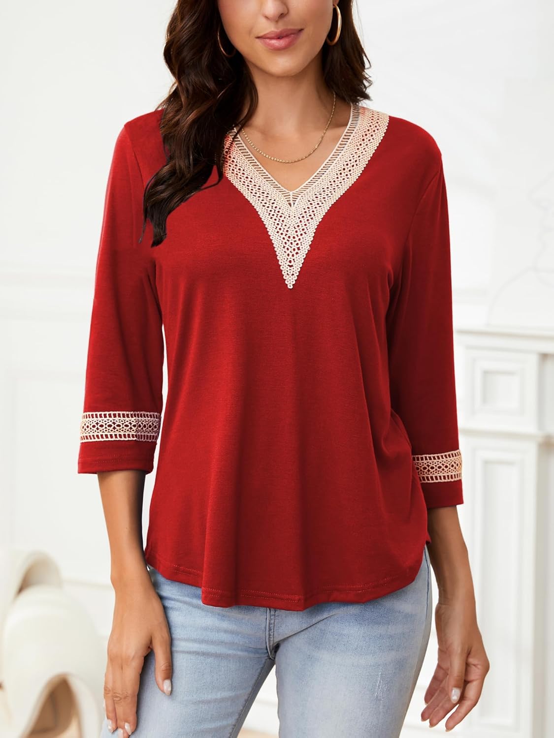 Womens Tops 3/4 Sleeve Shirts Casual Lace V Neck Blouses Loose Fit Dressy Basic T-Shirt - Image 3