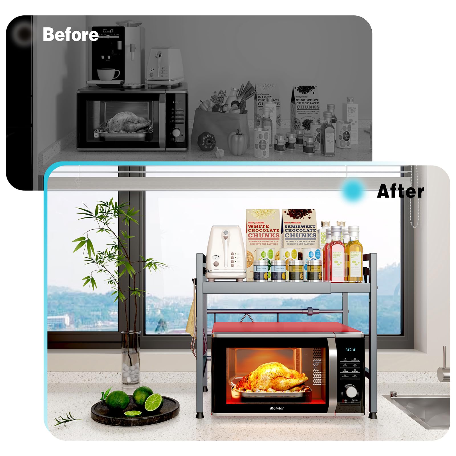 Estante Ajustable para Microondas de Cocina, Soporte de 2 Niveles para Microondas de Cocina, Acero al Carbono de Pie para Microondas, Organizador para Freidora de Aire con 8 Ganchos, Gris