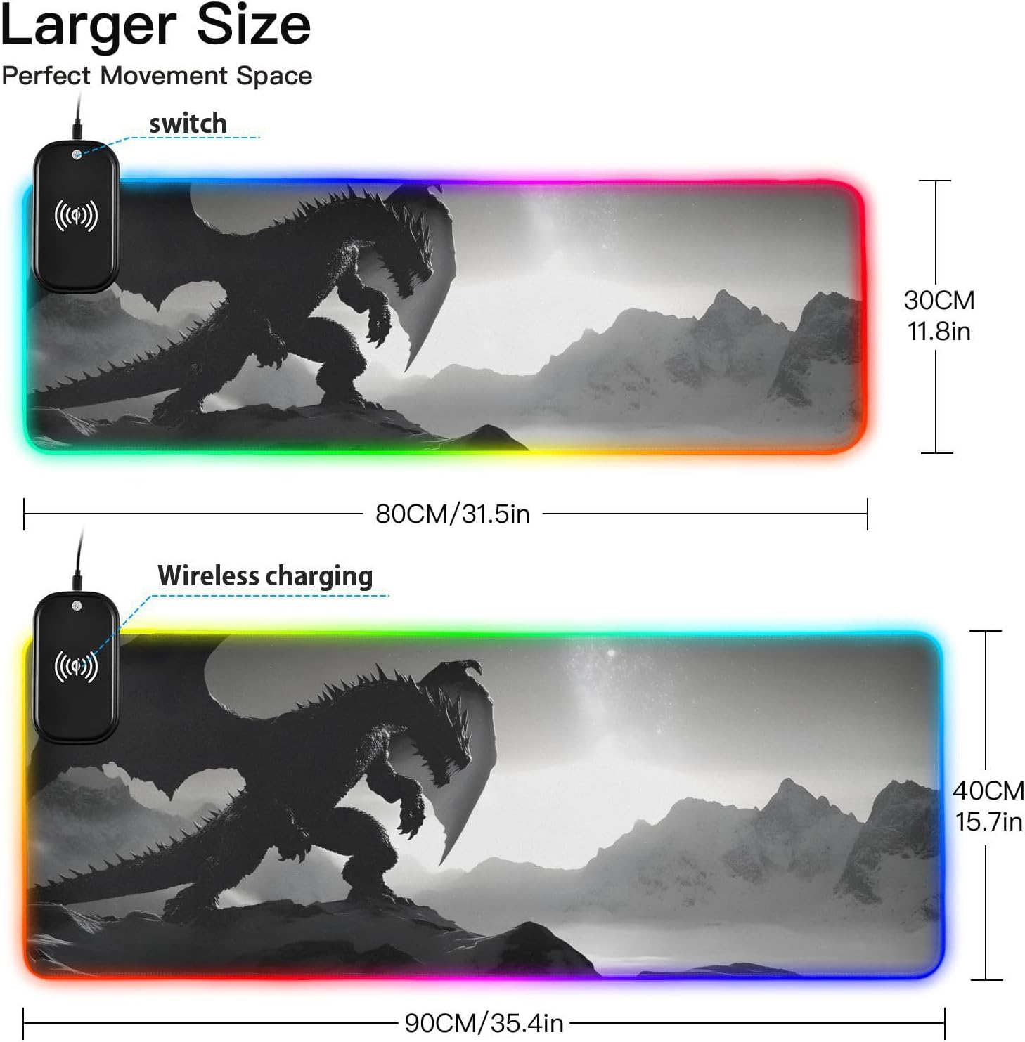 Dark Dragon Mouse Pad for Gaming with Wireless Charging, Extended LED Mousepad Desk Mat with 14 Light Effects for Desk Large