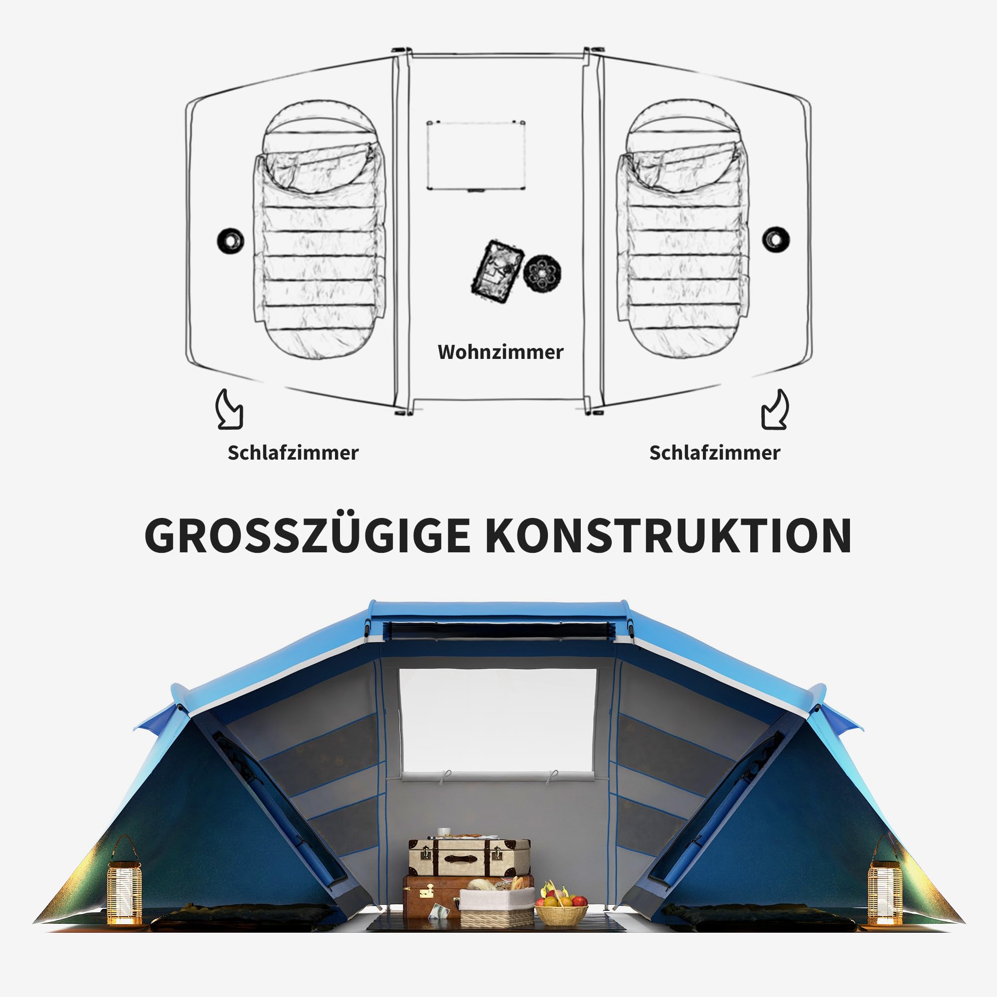 Outsunny Campingzelt für 4 Personen Groß Familienzelt mit Eingang Blau | Bodenplane, Zelt mit 2000mm Wassersäule, Tunnelzelt, Kuppelzelt, für Camping Reise Trekking Garten