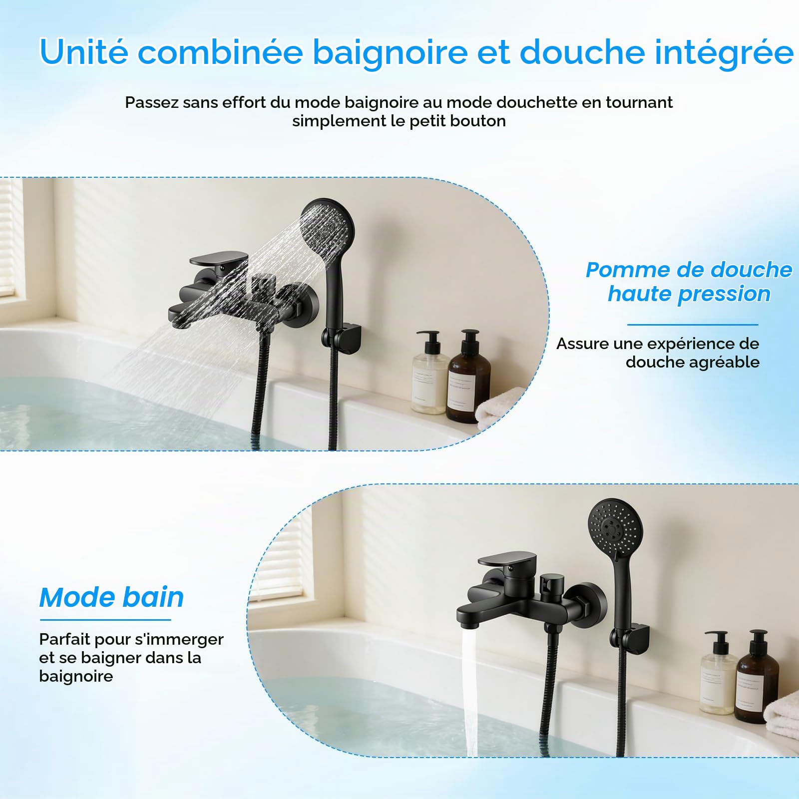Robinet Baignoire avec Douchette, Mitigeur de Bain Noir, Mitigeur pour Salle de Bains en Laiton, Robinet Douche Mural avec Tuyau en PVC de 1,5 m
