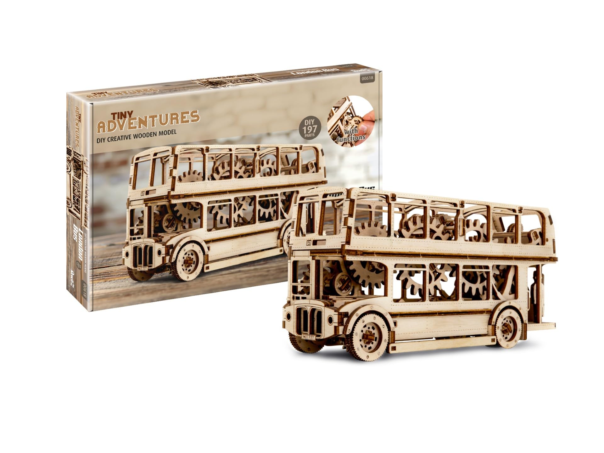 Revell Tiny Adventures London Bus I Detailliertes Modell I Aufwendiger Innenraum mit Motor und Stoßdämpfern I Authentische Figuren I Mechanisches Meisterwerk mit Startschlüssel I Modell aus Holz