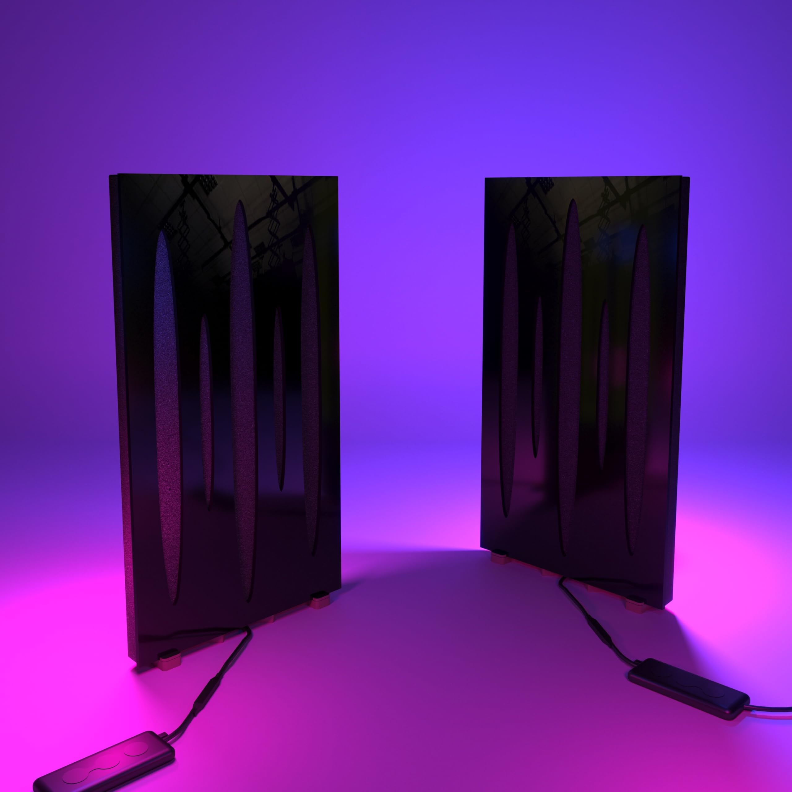 Set di 2 pannelli acustici stretti con lampada da tavolo e illuminazione LED RGB | 25x50cm | Pannelli fonoassorbenti mobili su supporto da tavolo per studio e sala giochi | [PULSAR | Plastica nera]