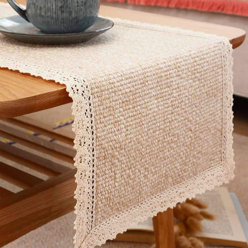 Mtoye Burlap Cream Lace Table Runners Table Runner, Fashion Contracted Tea Table Cover Table Linen for Restaurant Kitchen Dining Wedding Party Banquet Events Farmhouse Decor (12" W x82 L)