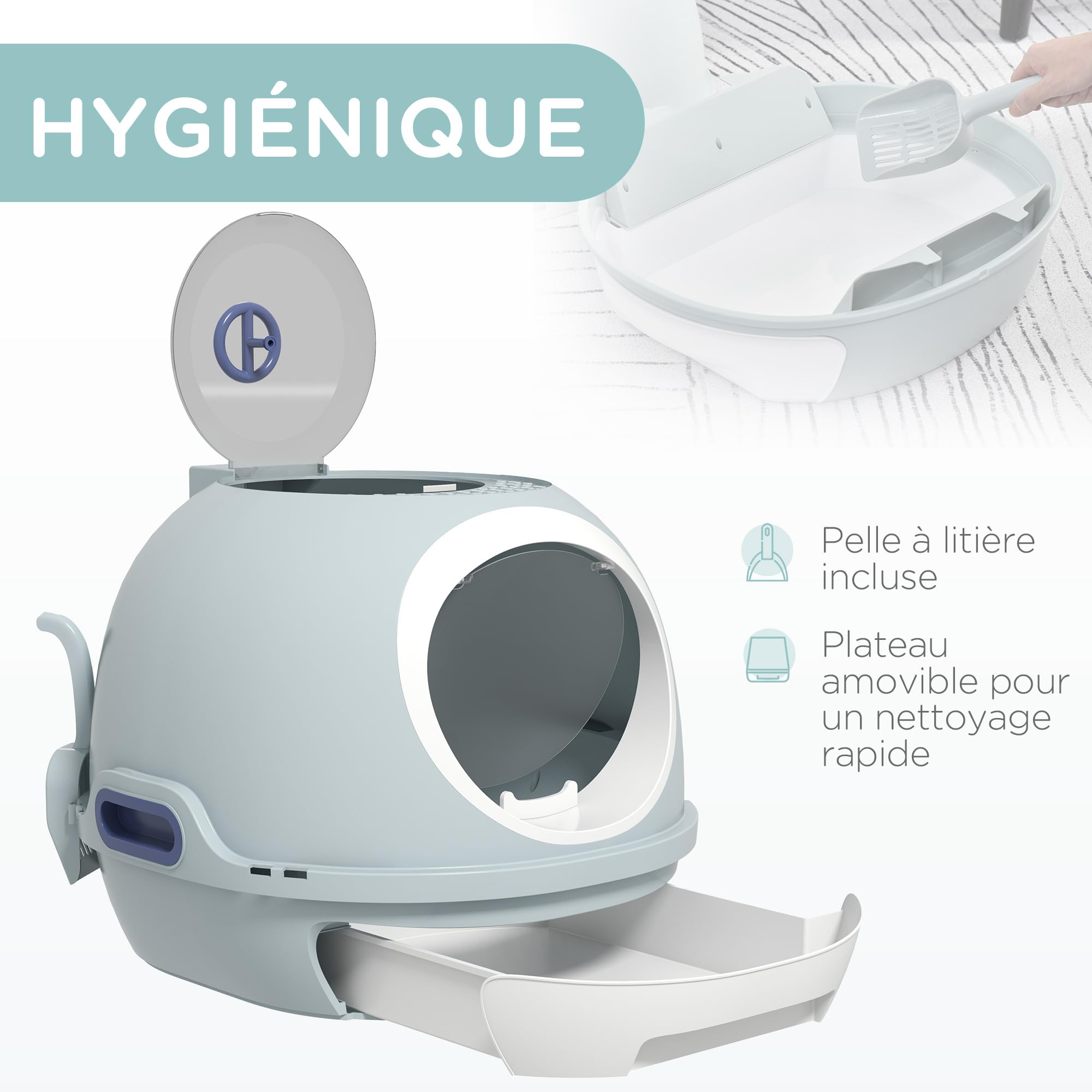 PawHut Bac à litière pour Chat Maison de Toilette Portable pour Chat tiroir à litière Coulissant Porte battante Lucarne + Pelle fournis dim. 47L x 55l x 44H cm Bleu