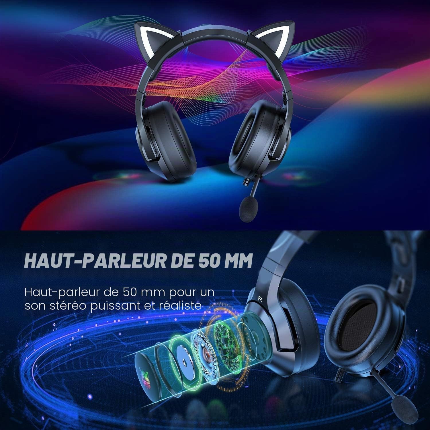 PHNIXGAM Casque de jeu pour PS4, PS5, Xbox One X/S (sans adaptateur), casque 3,5 mm avec oreilles de chat amovibles, microphone antibruit, RVB, son surround pour PC, téléphone portable (noir)