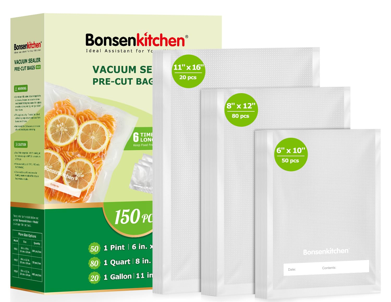 Bonsenkitchen Vacuum Sealer Bags, 150 Count, BPA Free, Food Storage
