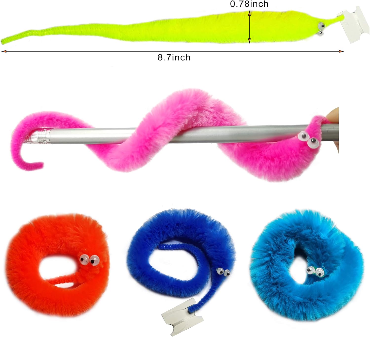 SHENGSEN 60 Pieces Fuzzy Worm Toys String Pets Fuzzy Worms On String Bulk Trick Toy Party Favors for Kid Cat (12 Colors)
