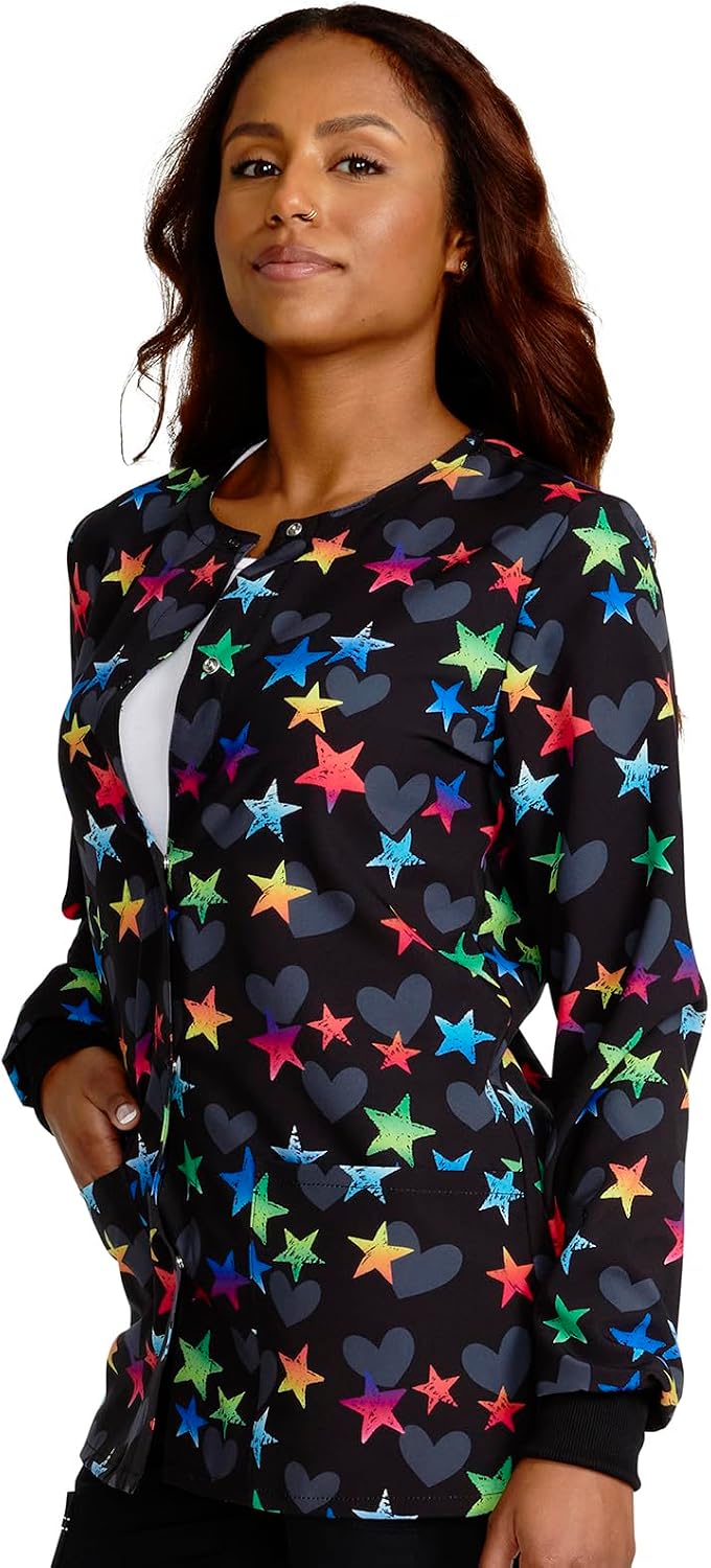 Cherokee Printed Snap Front Womens Scrub Jacket with 2 Pockets | Stretch Poplin Fabric, Modern Classic Fit, Instrument Loops, Rib-knit Details, All Day Comfort, Machine Wash, Easy Care