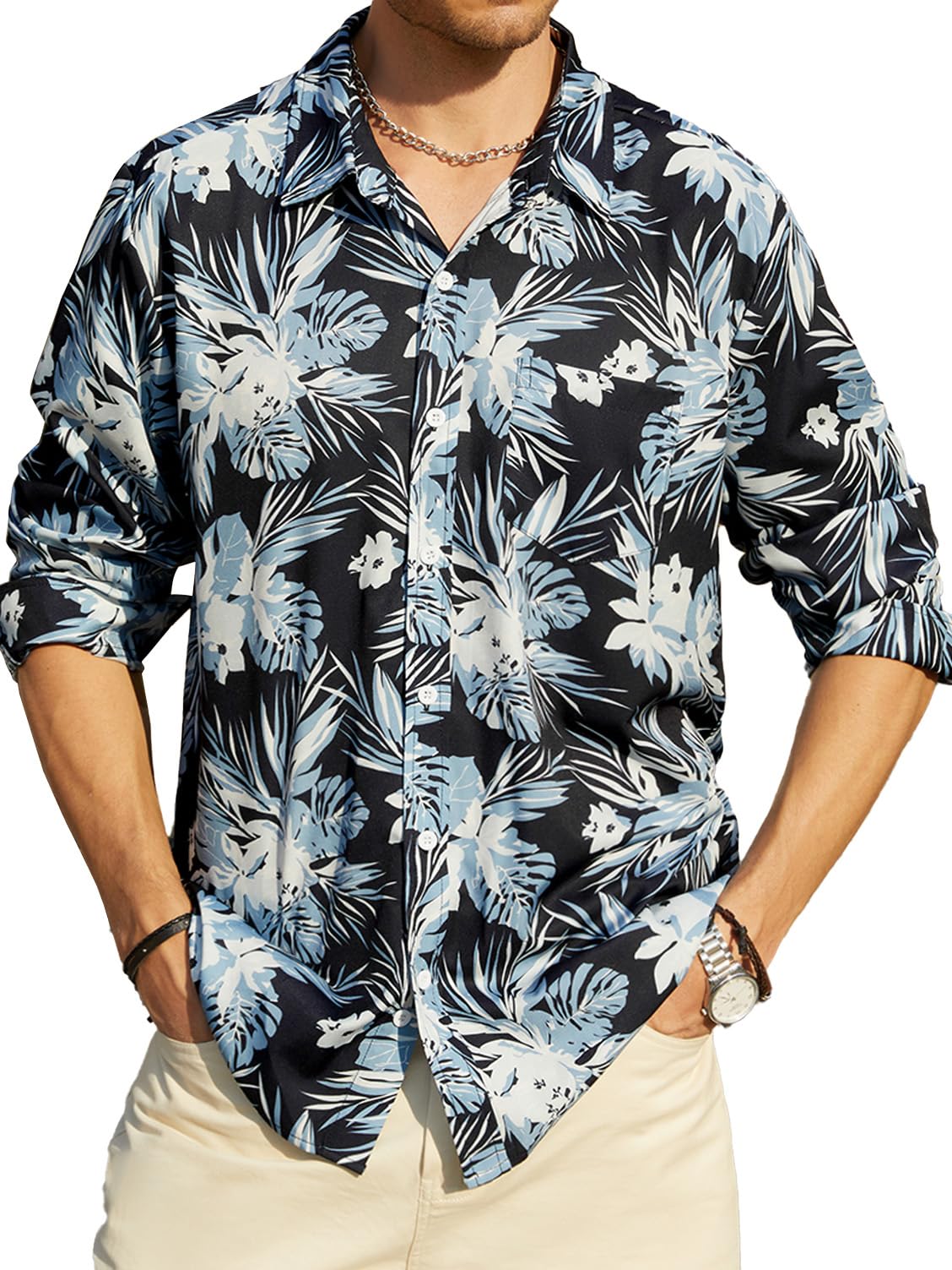 Hardaddy Men's Tropical Floral Button Down Long Sleeve Hawaiian Shirt Flower Printed Beach Shirts