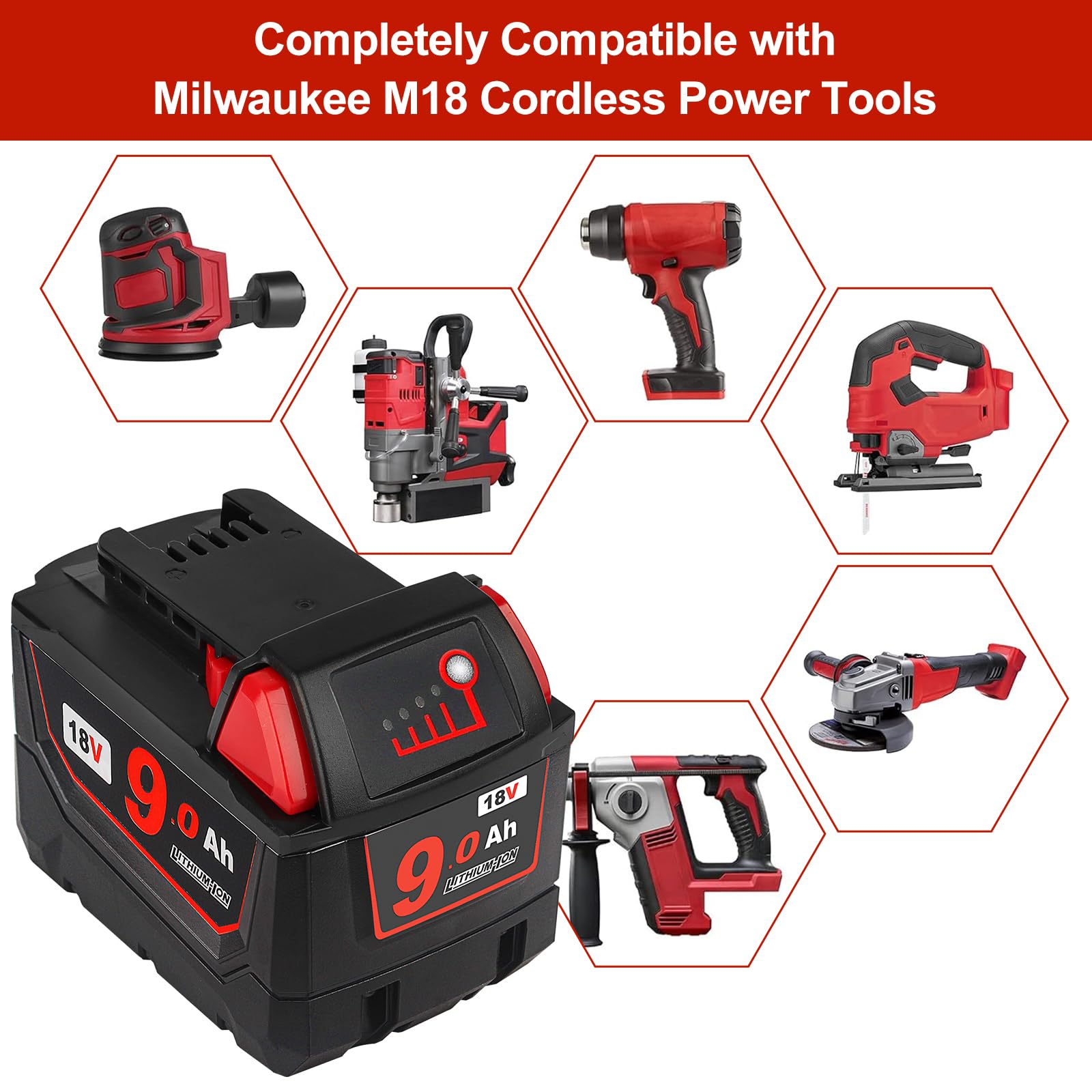 2 PCS m18 18V Battery Replacement for Milwaukee 9 Ah Battery Compatible with Milwaukee XC Cordless Power Tools Batteries (not Made in Milwaukee - 3