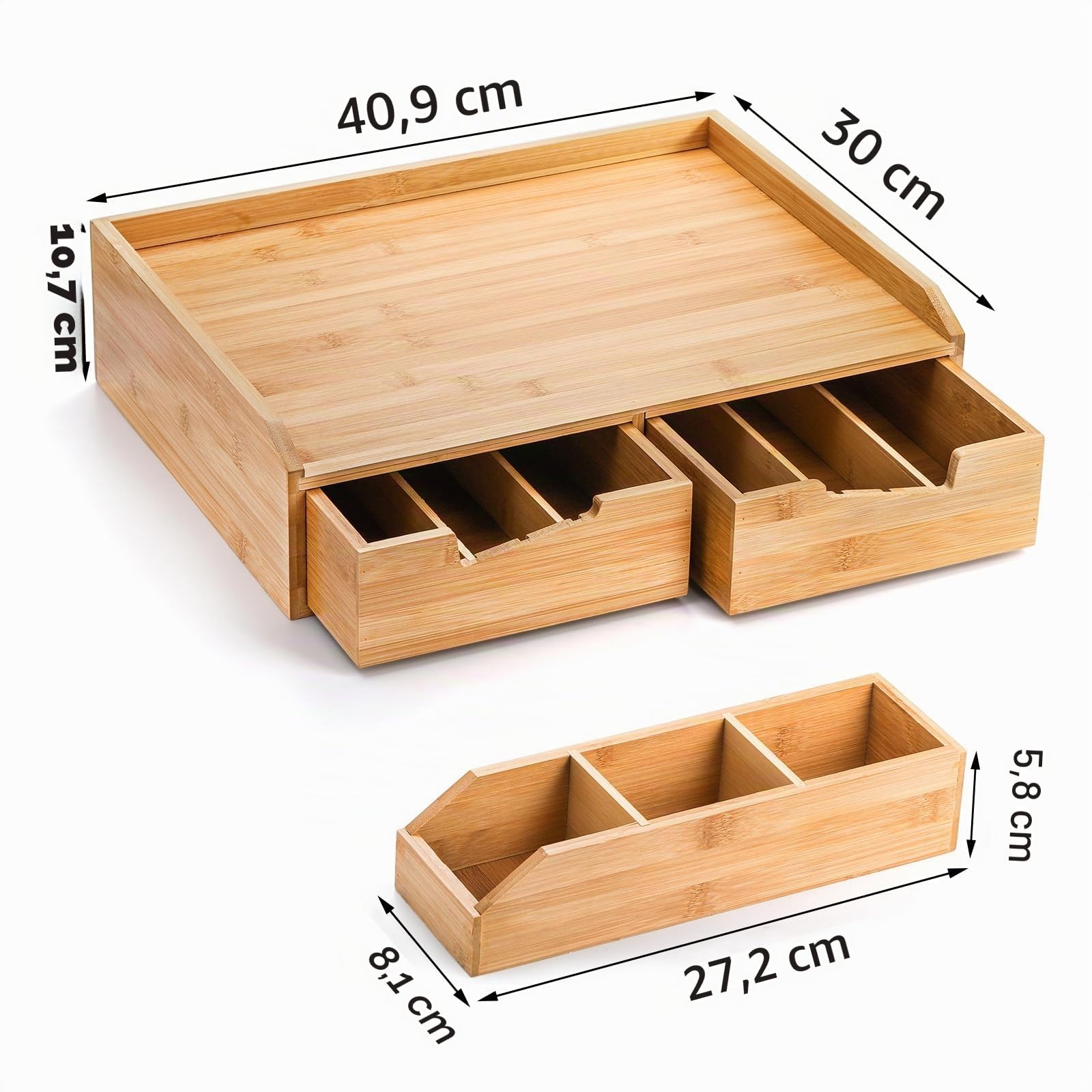 SOUJOY Bambus Schublade Organizer für Kaffeekapseln und Tasse K rper, Tee-Organizer mit Schublade und Seitenbox