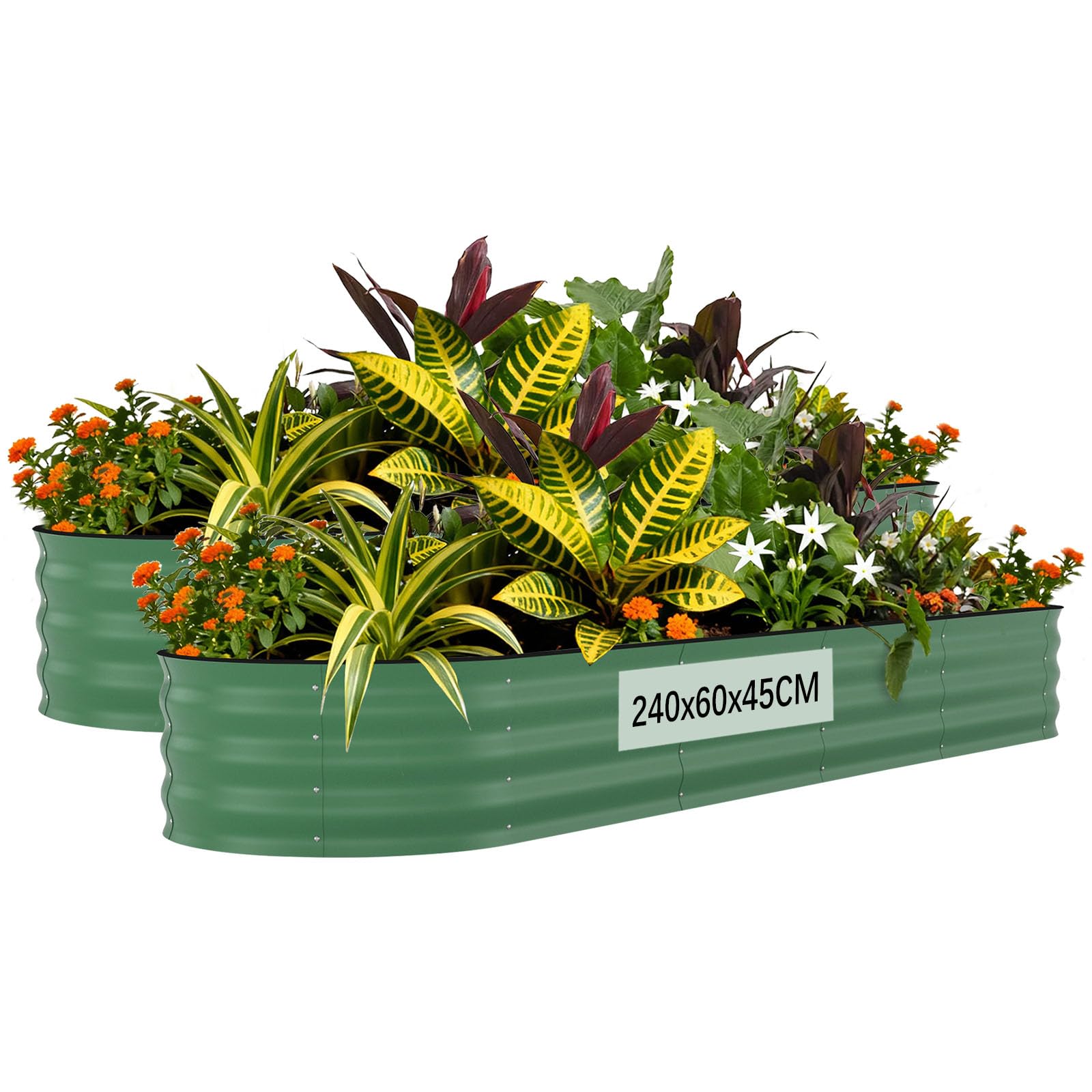 Aptliton 2-Pack Galvanized Steel Oval Raised Garden Beds, Open-Bottom Metal Planter Boxes, Rust & Corrosion Resistant, Easy Assembly, Safety Anti-Cut Edges - Green, 240x60x45cm