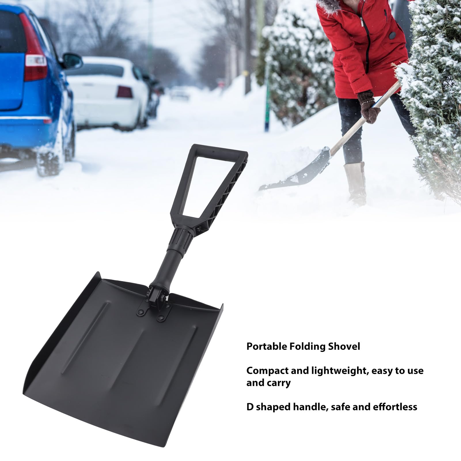 TOOLSGO Collapsible Iron D Shaped Handle Shovel Black Portable Household Cleaning Shovel Outdoor Cleaning Tool for Home Industrial and Snow Removal