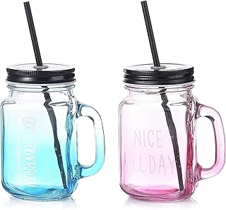 Glass Mason Jar with Hand Handle and Lid Suitable for Drinks, Fruit Juice (Random Color, Clear, 450ml) (1 Piece)