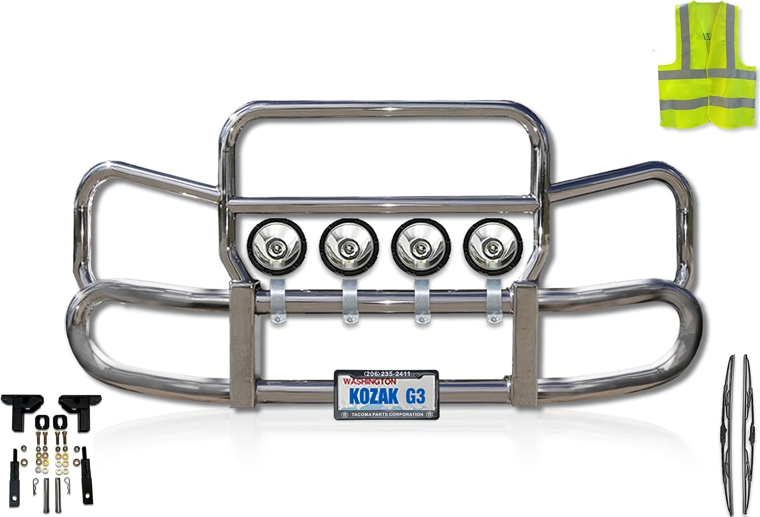Kozak Herd 300 Grille Deer Moose Brush Guard Compatible with Kenworth T680 Next Gen 2022+ Plus Mounting Brackets, 4x 6" LED lights, Logo, 2x 22" Windshield Wipers, License Plate Holder & Frame, Vest