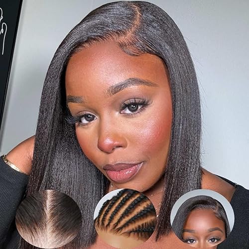 Beauty Forever 7X5 Bye Bye Knots Wear and Go Wig Yaki Straight Pre Cut Lace Bob Wigs Human Hair Lace Closure Wig Pre Plucked, Easy Install No Skill Needed 150% Density 10inch