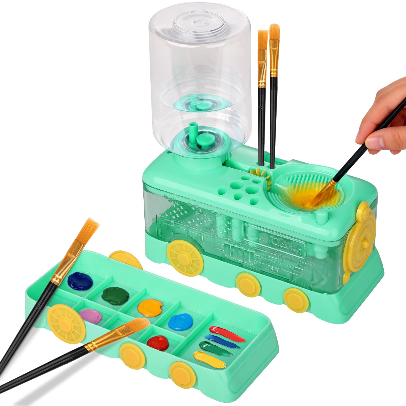 Foyucool Paint Brush Cleaner with 10 Brush, Paint Brush Rinser Station with Palette, Train Design, Automatic Water Cycle Paint Brush Washer Tool for Acrylics, Watercolour Paint, Green