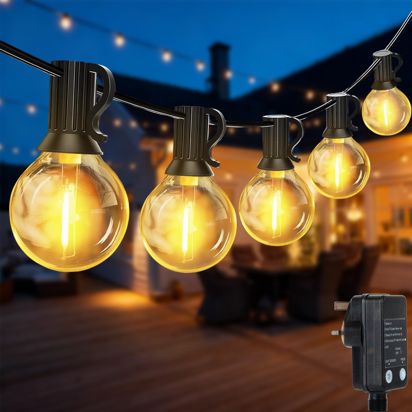 QIHANS Outdoor String Lights Mains Powered, 15M Festoon Lights with Light Sensor Timer, 25+2 G40 Shatterproof Globe Bulbs, Waterproof Garden String Lights for Balcony Yard Patio Wedding