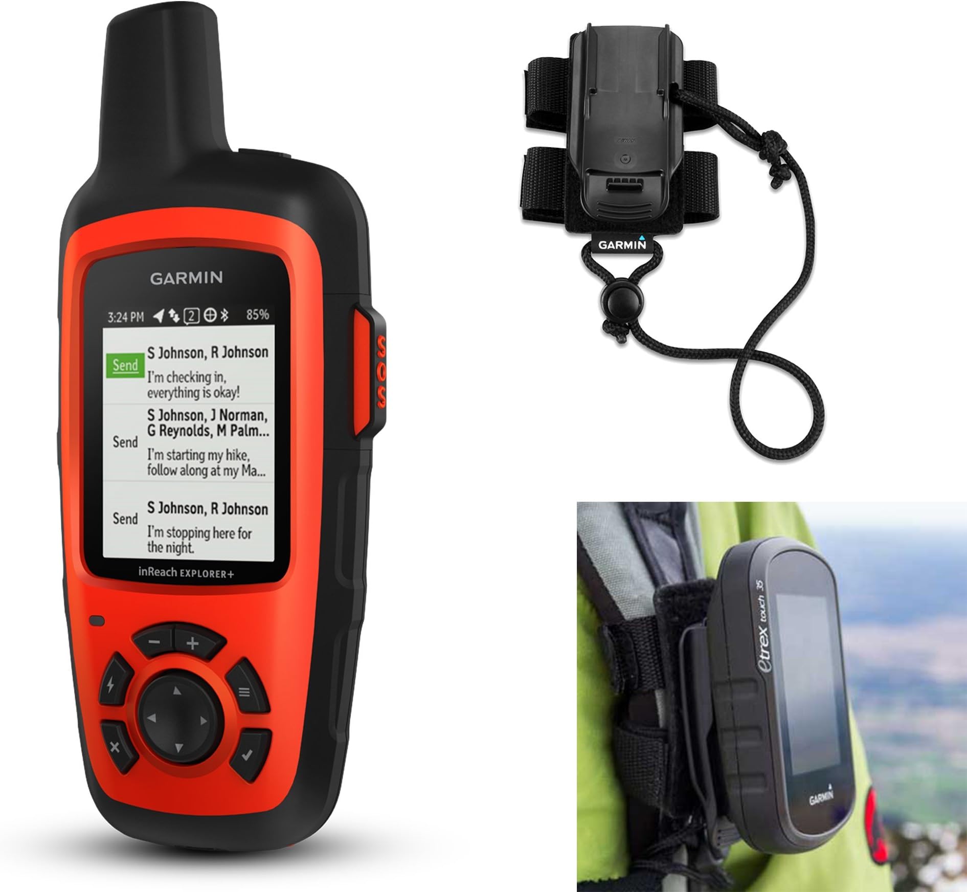 Garmin inReach Explorer+ Hiking GPS Bundle with Hiking Backpack Tether Mount | Belt Clip, Carabiner Clip | Waterproof, GEOS, Weather, Messaging