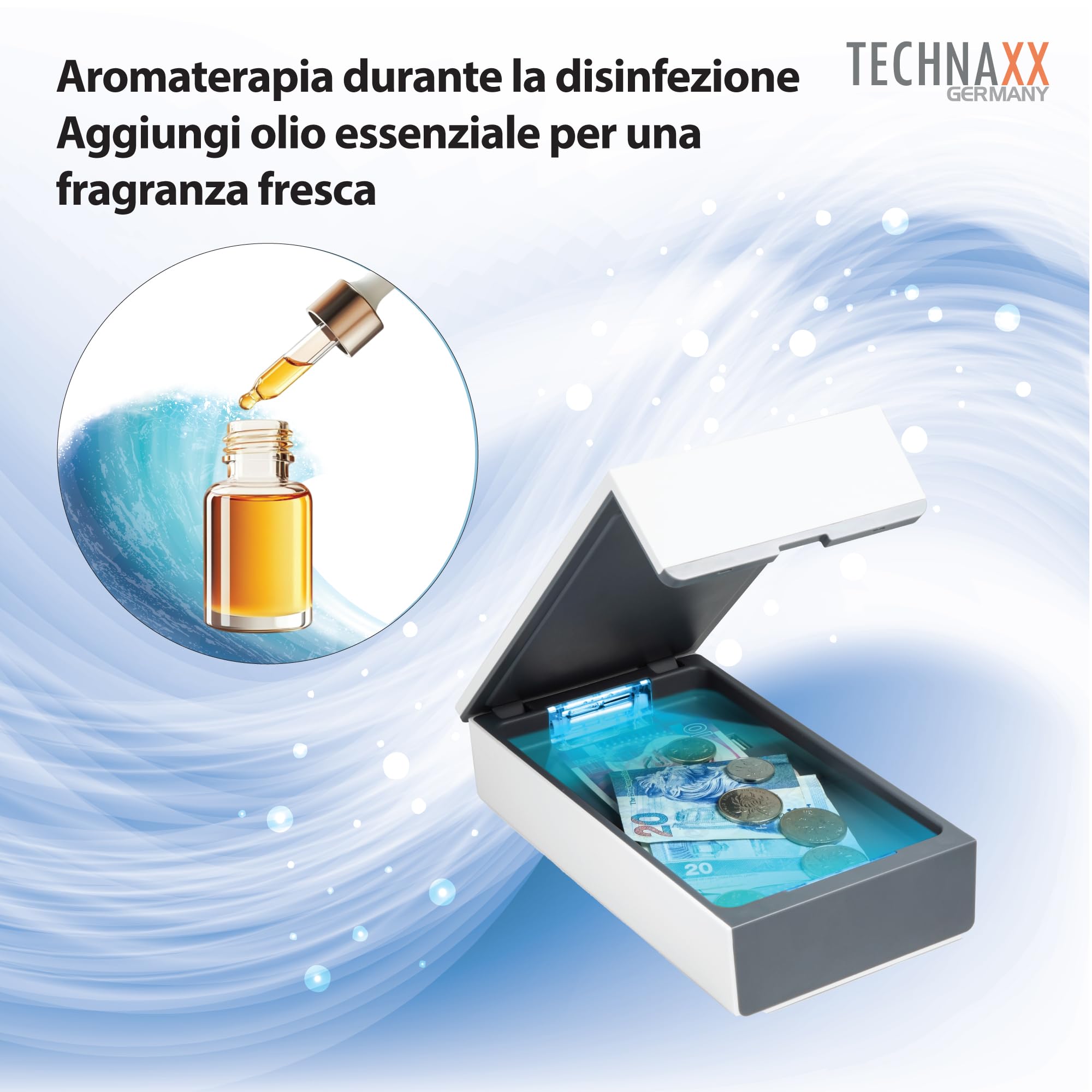 Technaxx scatola per la disinfezione a raggi UV per telefoni cellulari e oggetti TX-148 – Elimina batteri e virus fino 99,9%, comparto per oli aromatici, ricarica 5W per tutti i telefoni cellulari