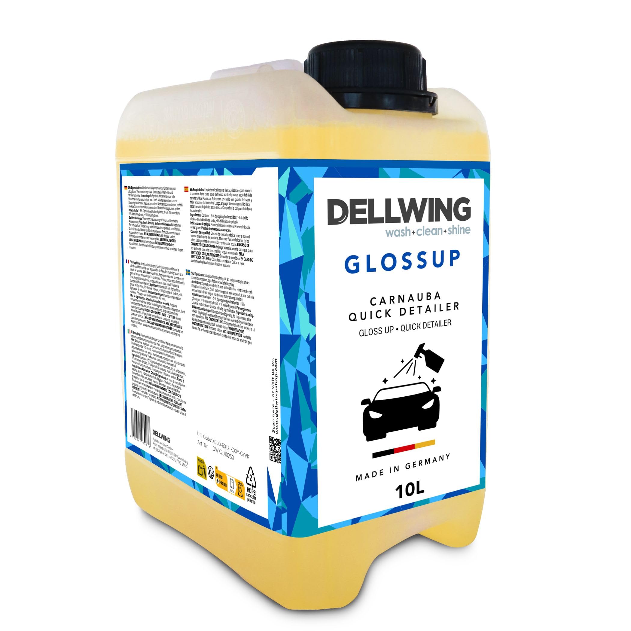 Dellwing GlossUp Quick Detailer 10 l, limpiador rápido de pintura con efecto perlado, sellador de pintura para protección y brillo, fabricado en Alemania