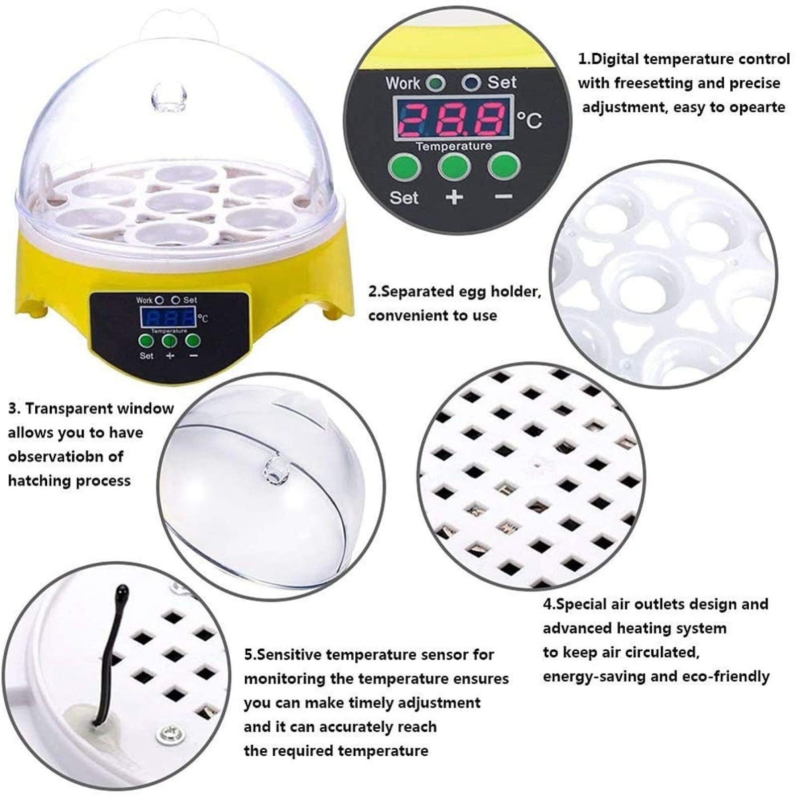 Mini inkubator do jaj, mały cyfrowy wylęgarnia na 7 jaj z wyświetlaczem LED do kontroli temperatury i wody, wylęg drobiu, dla kurczaków, ptaków, przepiórek, kaczek