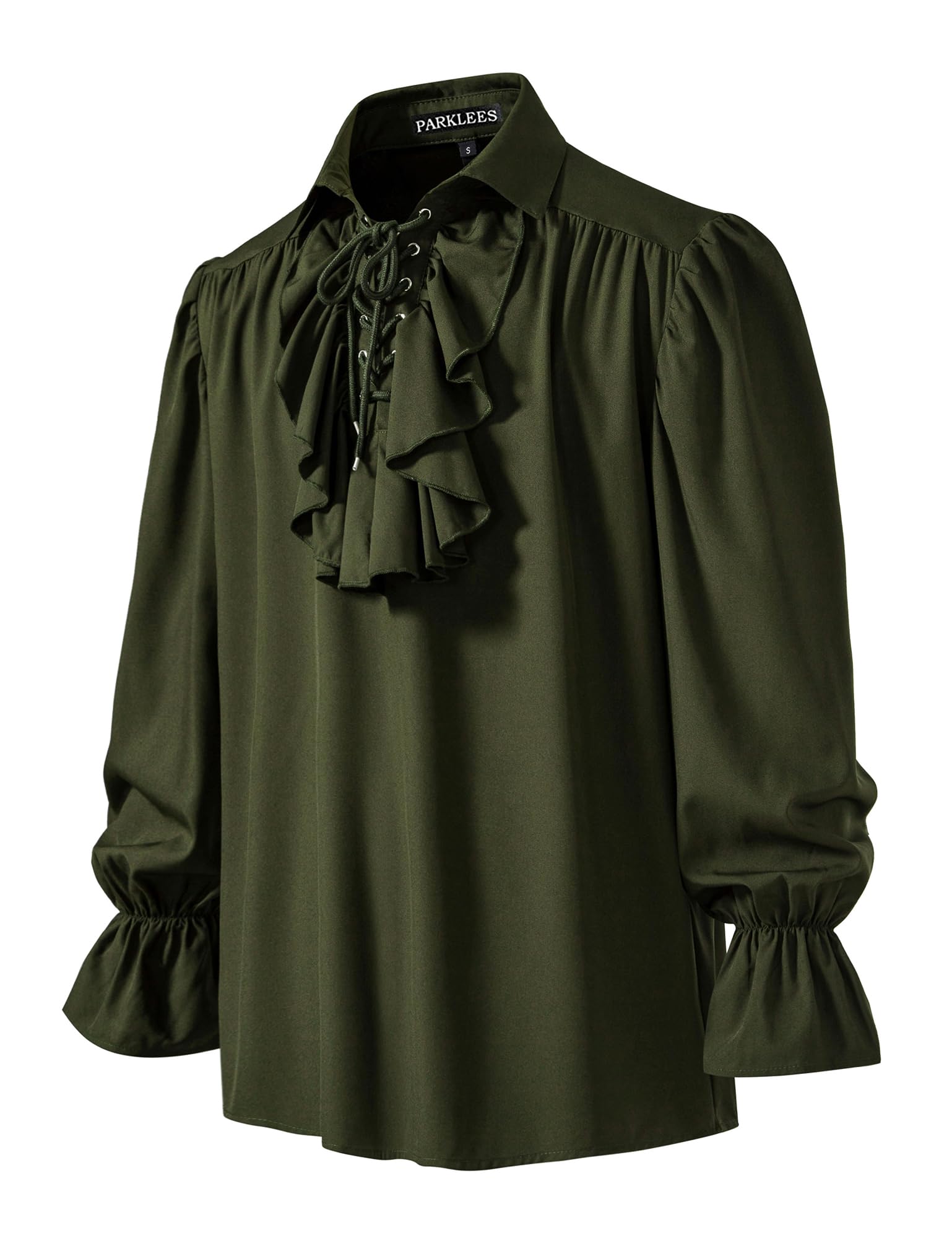 PARKLEES Men's Renaissance Pirate Ruffled Frilly Shirts Jabot Collar Victorian Medieval Costume Green Large - Image 2