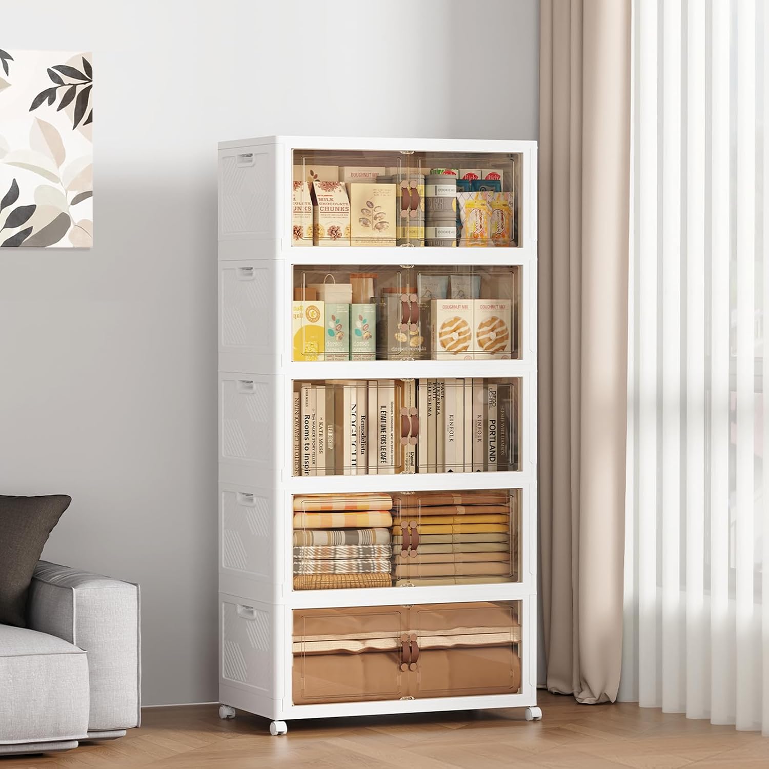 SAILUN 165QT/41Gal Stackable Storage Bins with Lid, Collapsible Storage Bins With Doors and Wheels, Folding Plastic Cabinet Containers for Home Closet Organization, 3 Pack, White