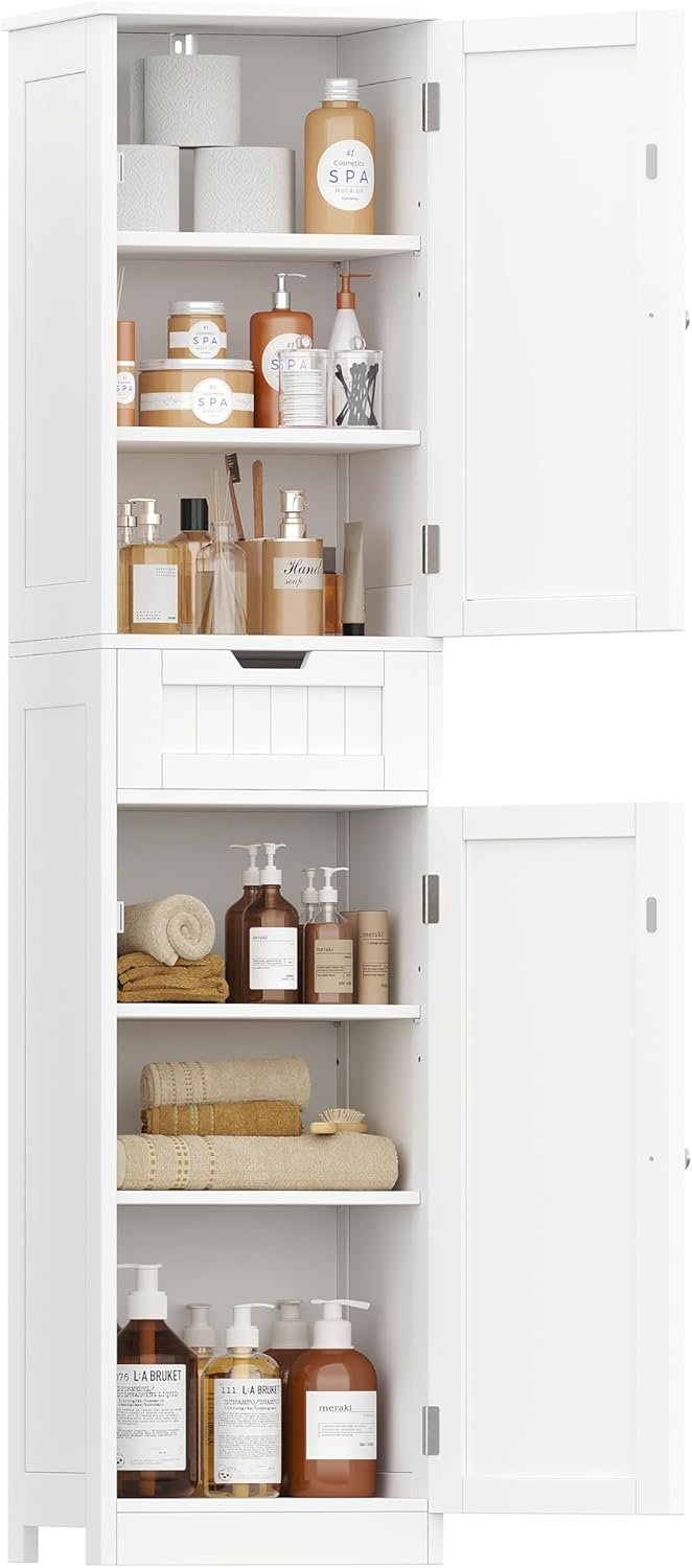 66.9" Tall Bathroom Storage Cabinet, Modern Lined Floor Storage Cabinet with Drawer & 2 Doors, Slim Freestanding Cabinet with Adjustable Shelves, for Small Spaces, White KES008WCWG
