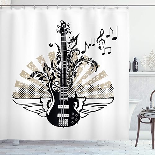 Ambesonne Cortina de ducha de guitarra, elementos geométricos, rayas, espirales, líneas de puntos y notas musicales, Rock and Roll, juego de