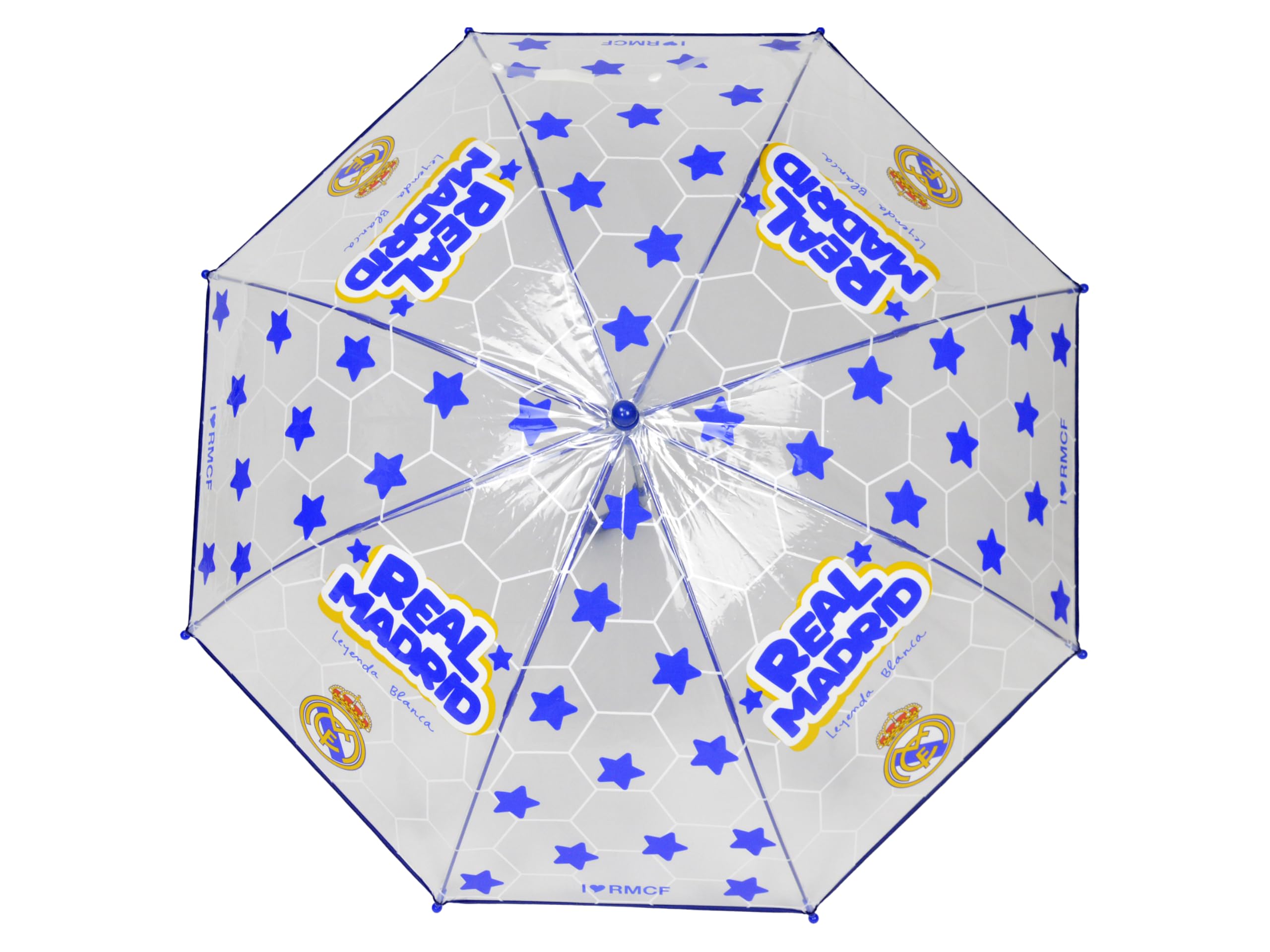 CyP Brands- Real Madrid- Paraguas infantil, Paraguas Manual para Niños, Transparente, 8 Varillas y Tubo Metálico de Gran Resistencia, Producto Oficial