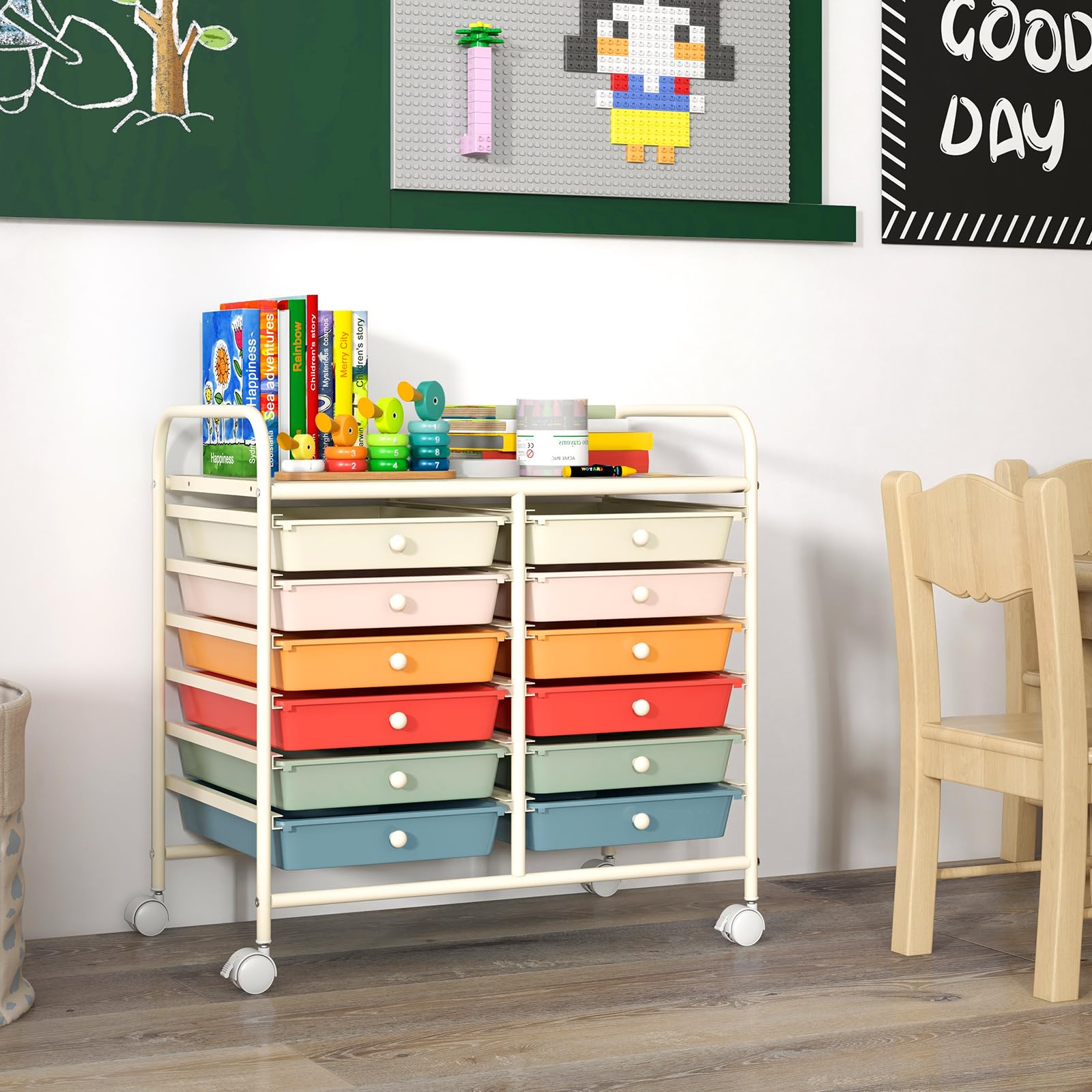 COSTWAY Chariot de Rangement à Roulettes 12 Tiroirs en PP, Tour de Rangement avec Tablette, Roues Universelles, Cadre en Métal, Desserte Meuble Tiroir pour Bureau École Salon (Macaron)