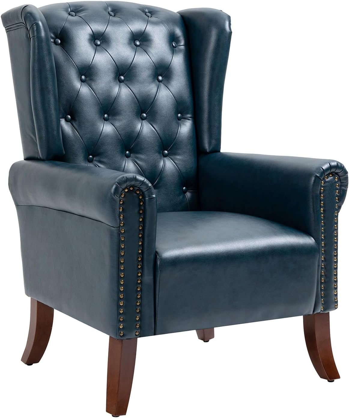 Modern PU Leather Accent Chair, Living Room Lounge Sofa Chair with Buttons, Single Club Armchair with Rivet Trim for Bedroom Home Reception (DarkBlue)