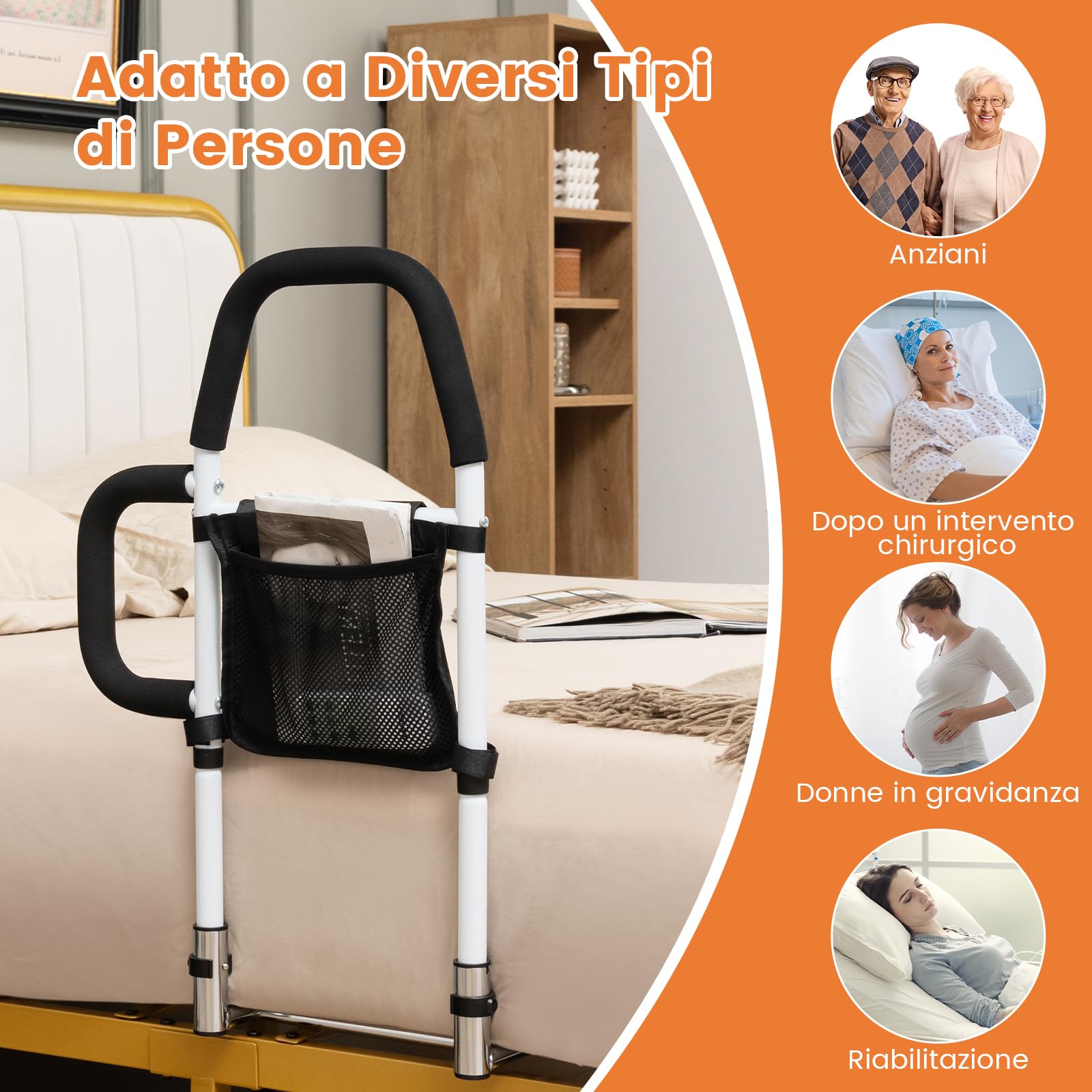 COSTWAY Sponda Letto Anziani Sicurezza Anticaduta, Doppia Impugnatura, Tasca Staccabile, Cinghia Fissaggio, Portata 136 kg, Facile Installazione, per Letti King/Queen (Modello 2)