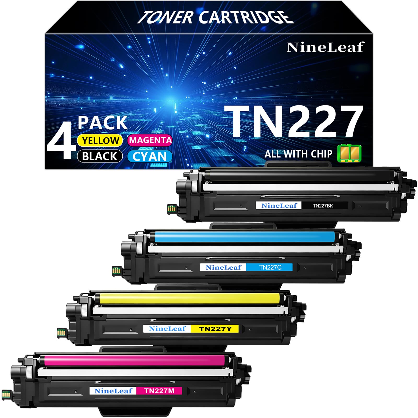 NineLeaf TN227 BK/Y/M/C - Juego de cartuchos de tóner de repuesto para impresora Brother TN-227 TN223 TN-223, funciona con impresora HL-L3230CDN DCP-L3550CDW MFC-L3770CDW HL-L3210CW (paquete de 4,