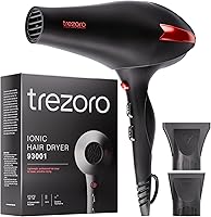 TREZORO 2000W Ionic Ceramic Tourmaline Hair Dryer - Fast Quiet Drying, Shine Boost, 3 Heat/2 Speed, Nozzles & Cool Shot